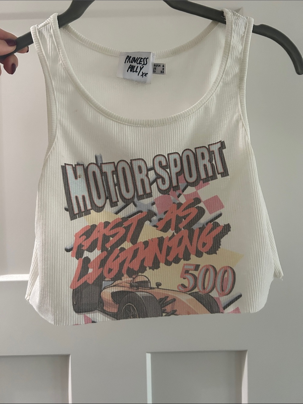Princess Polly White Ribbed 'Motor-Sport' Graphic Crop Tank